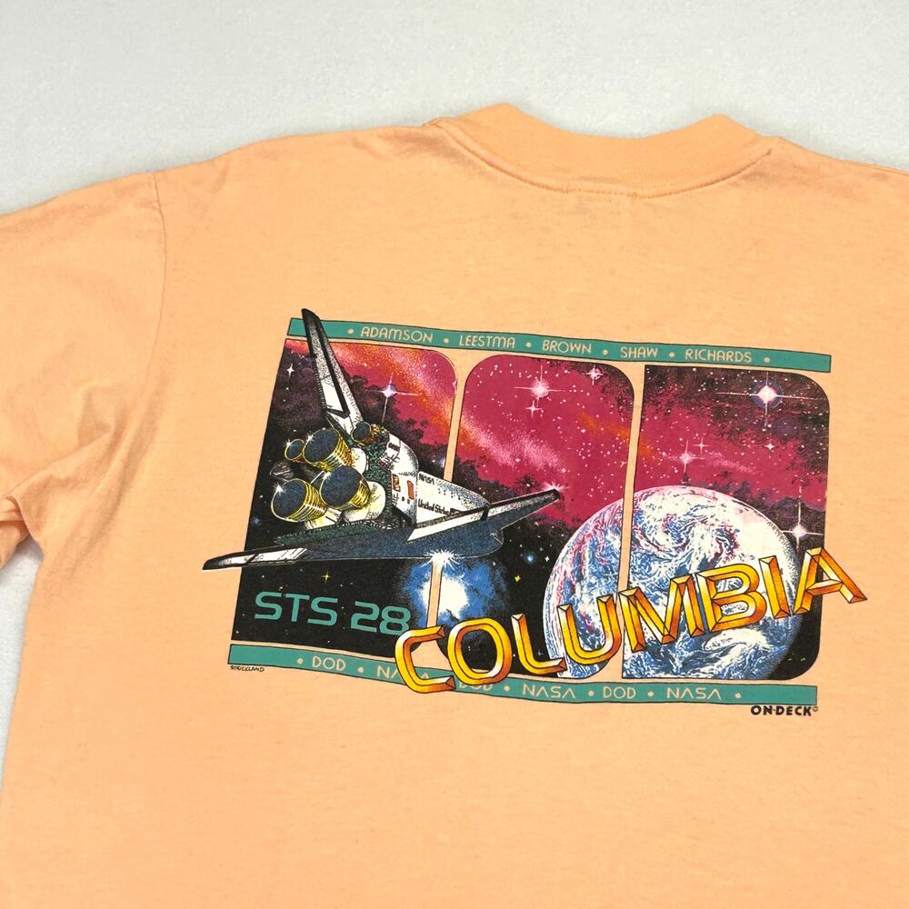 Vtg Columbia STS-28 Peach T-Shirt Nasa Space Shuttle Tag Size L DOD USA Cotton